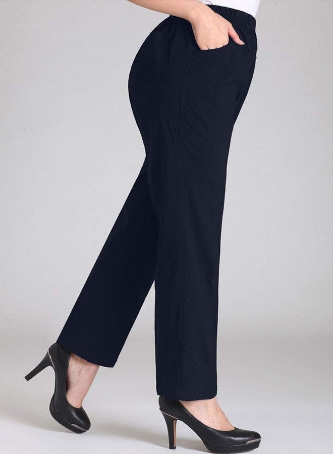 Soojun Womens Summer Elastic Waist Comfy Stretch Pull On Pants, Navy, Medium - Image 2